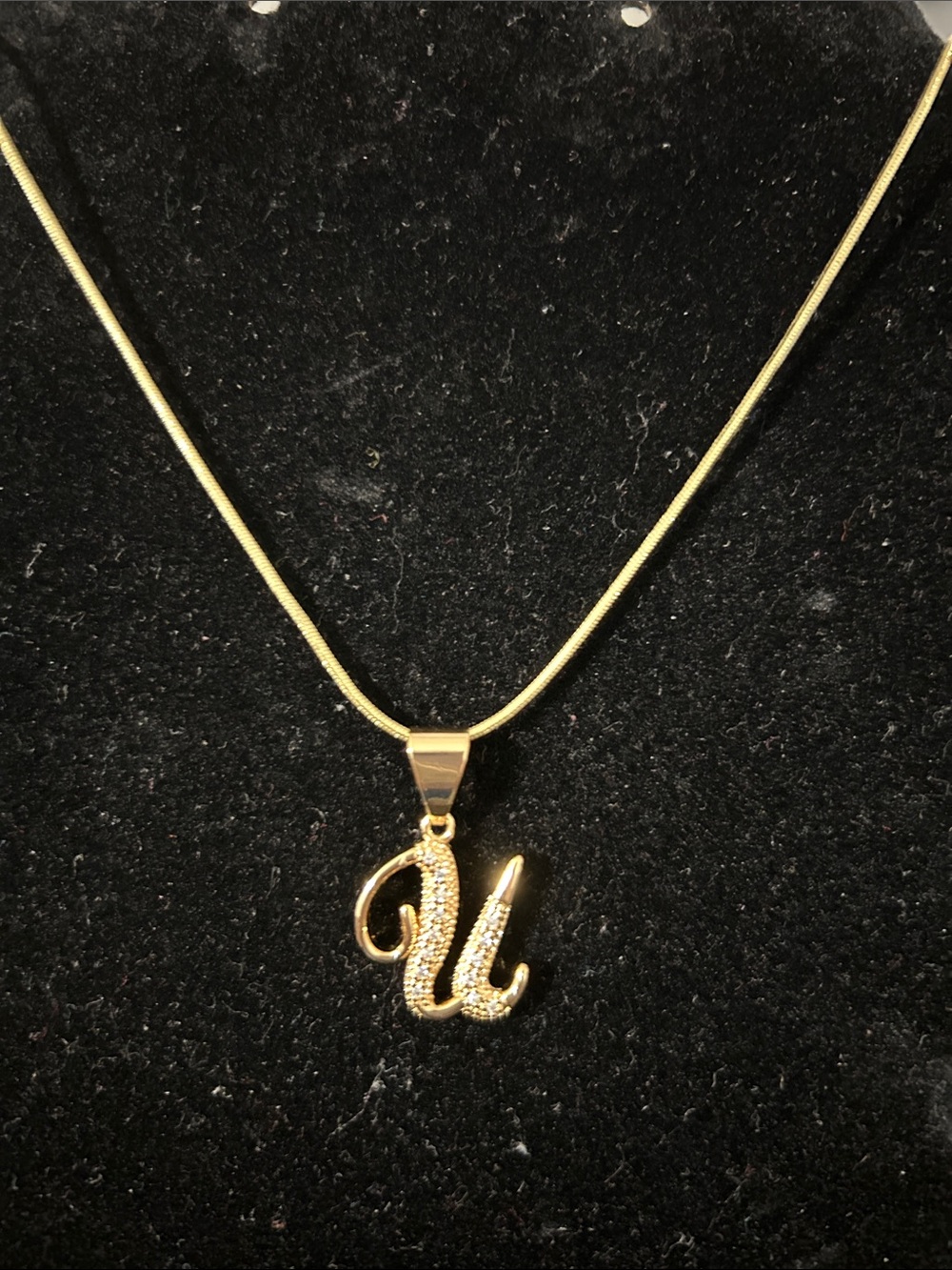 Fashion Jewelry Gold 'U' Initial Pendant Necklace with Pavé Accent